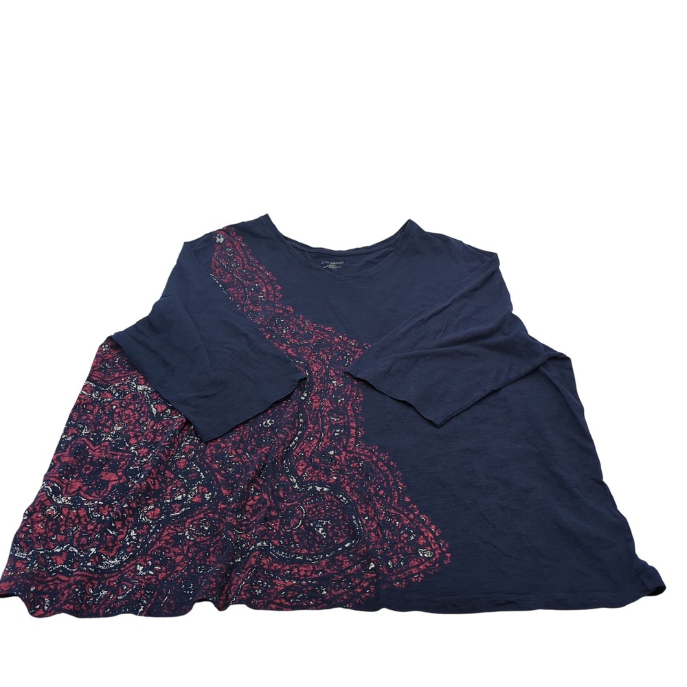Catherines Navy Blue Paisley Graphic V-Neck Top 3/4 Sleeve Plus Size 3X 26/28W